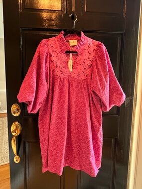 NWT Umgee Pink Floral Lace Yoke Dress with Ruffle Collar
